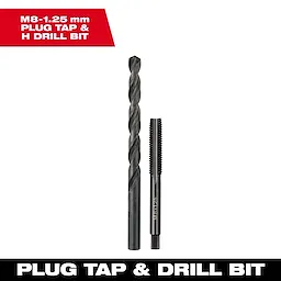M8-1.25 20mm Straight Flute Plug Tap and H Drill Bit shown upright, side by side, with black and red packaging.