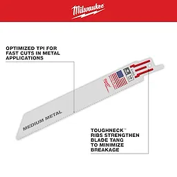 Milwaukee SAWZALL Medium Metal Blades. Optimized TPI for fast metal cuts. Toughneck ribs strengthen blade tang to minimize breakage.