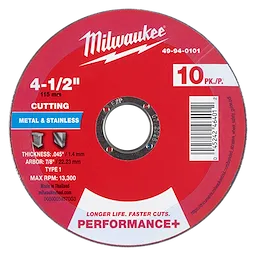 4-1/2" x .045" x 7/8" Performance+ Metal Cut Off Wheel - Type 1 - 10pc for cutting metal and stainless, with max RPM 13,300.