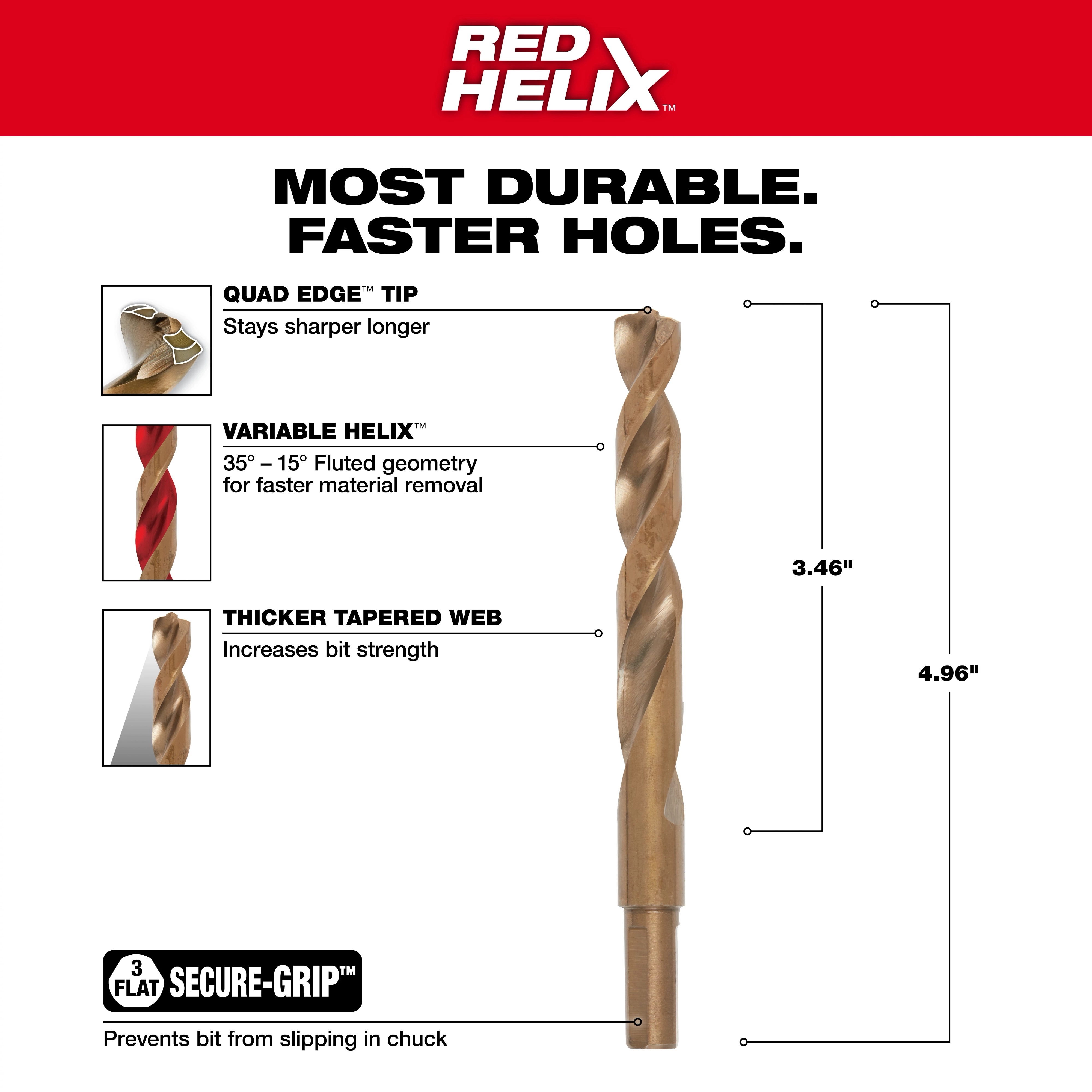 Red Helix 48-89-2326%20Walkaround drill bit with quad edge tip, variable helix, thicker tapered web, and secure-grip design.