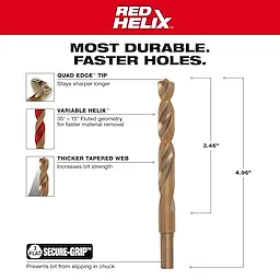 Red Helix 48-89-2326%20Walkaround drill bit with quad edge tip, variable helix, thicker tapered web, and secure-grip design.
