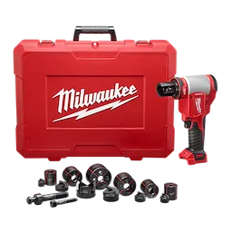 The M18™ FORCE LOGIC™ 10T Knockout Tool 1/2" - 2" with Punches & Dies, shown with a carrying case and various attachments, is a compact and cordless knockout tool designed for punching holes in electrical panels and boxes.