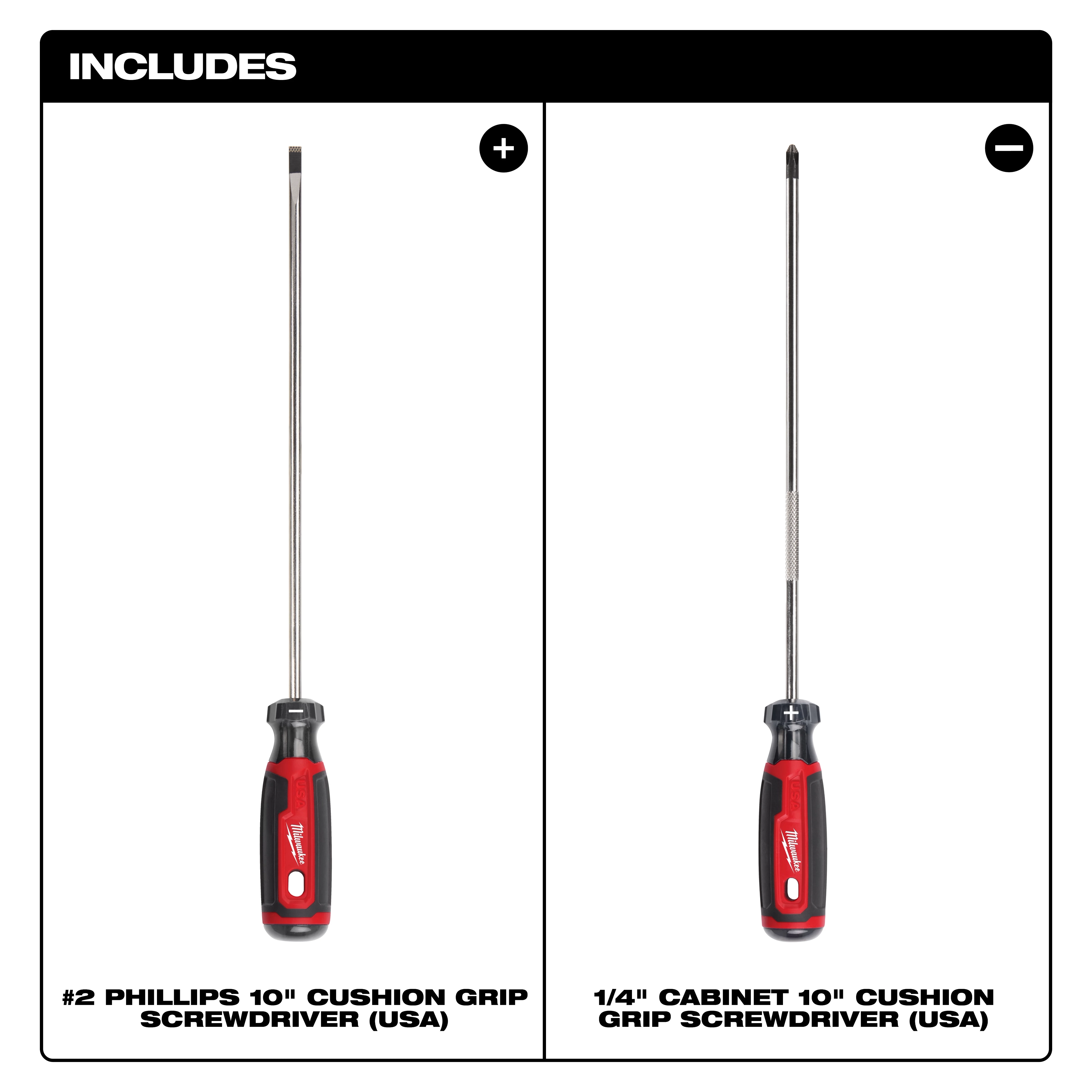 2 PC. Cushion Grip Screwdriver Set (USA) includes a #2 Phillips 10" and a 1/4" Cabinet 10" screwdriver, both with red and black handles.