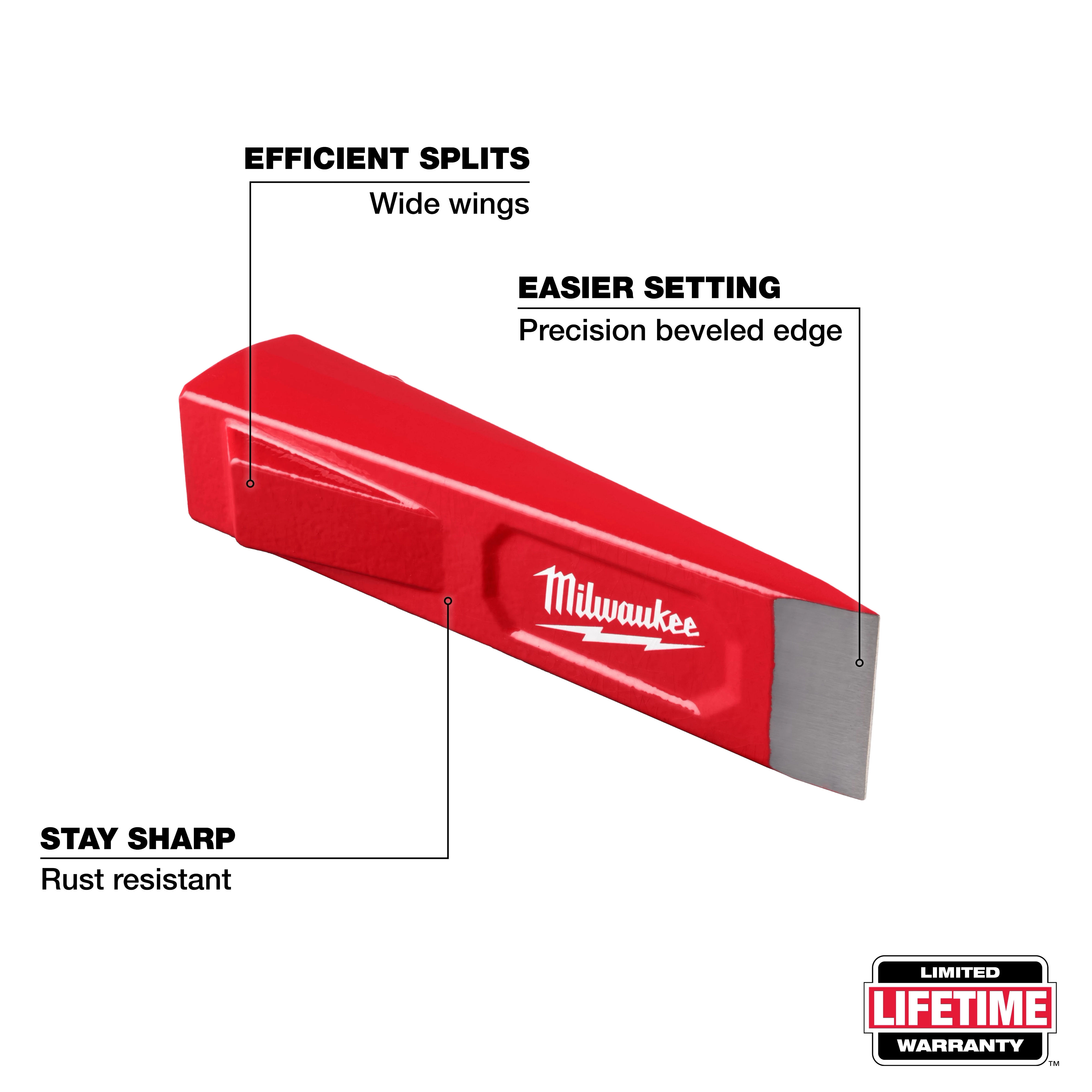 The 5lb Splitting Wedge is a red tool featuring wide wings for efficient splits, a precision beveled edge for easier setting, and rust-resistant material to stay sharp. The brand name is displayed in white on the side, along with a limited lifetime warranty badge in the right corner.