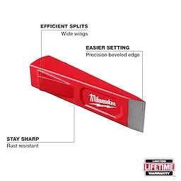The 5lb Splitting Wedge is a red tool featuring wide wings for efficient splits, a precision beveled edge for easier setting, and rust-resistant material to stay sharp. The brand name is displayed in white on the side, along with a limited lifetime warranty badge in the right corner.