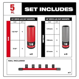 SHOCKWAVE Impact Duty™ 1/2 Drive SAE & Metric 5PC Lug Nut Wheel Socket Set
Set Includes