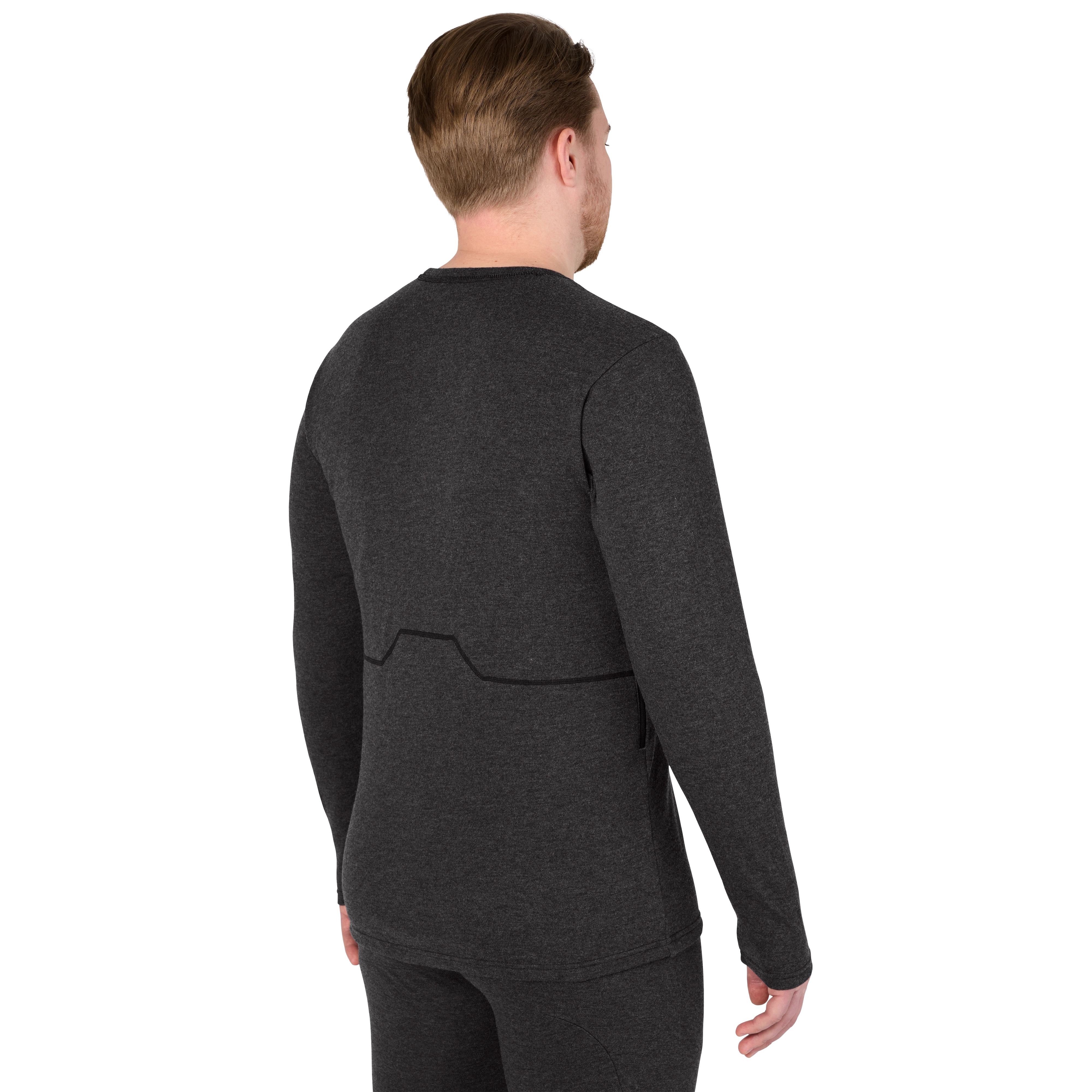 Milwaukee Heated Merino Wool Crew Neck Baselayer in dark gray, worn by a model shown from the back, featuring long sleeves.