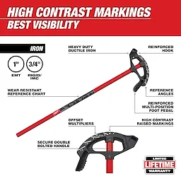 1" Iron Conduit Bender Walkaround with reinforced hook, raised markings, reference chart, and multi-position foot pedal.