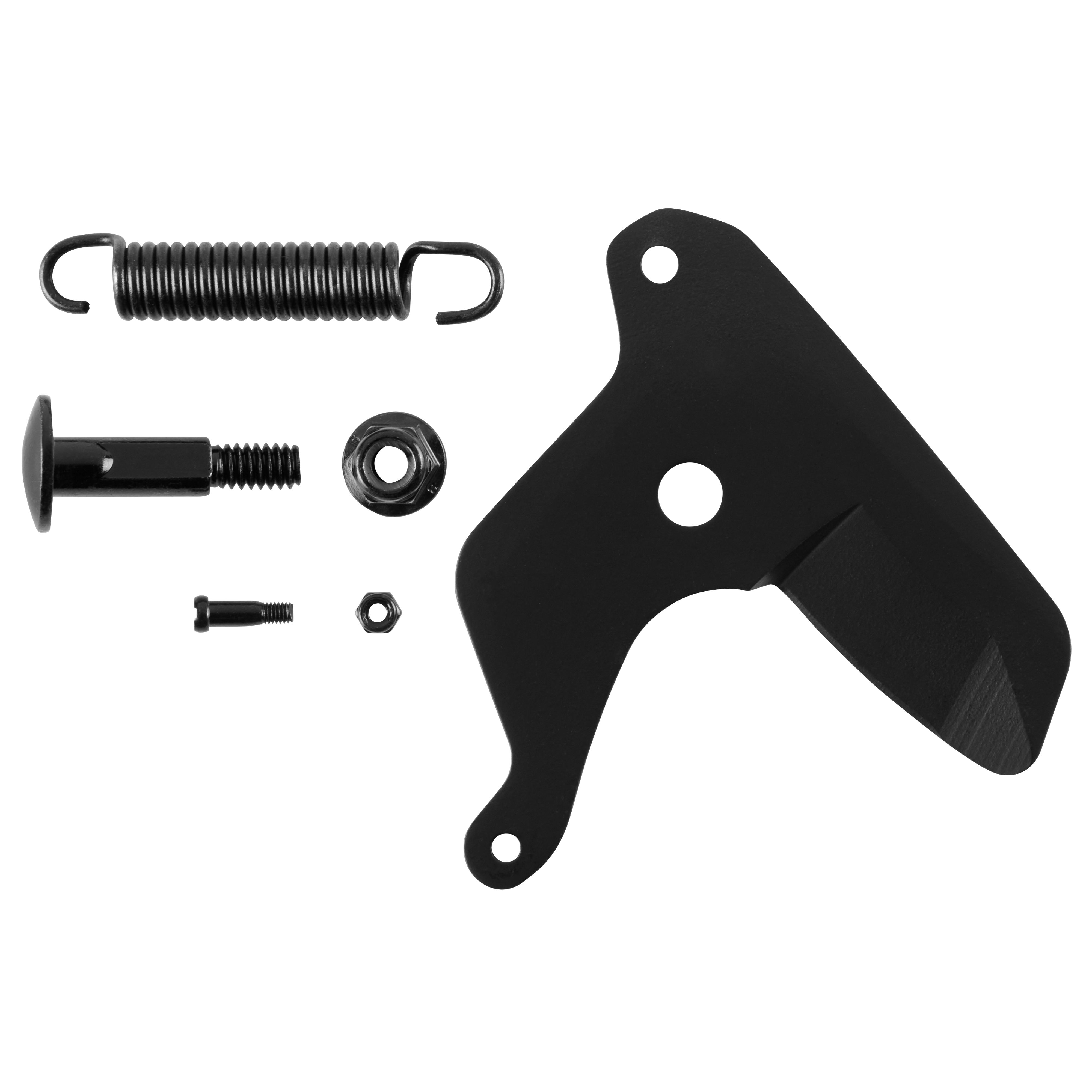 1-1/4" Pole Pruner Blade assembly includes a black cutting blade, a spring, bolt, nut, and securing components arranged on a white background.