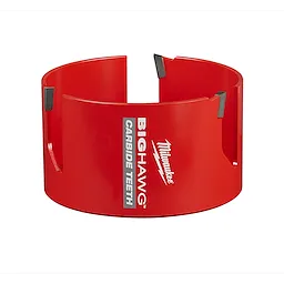 Red 4-5/8" BIG HAWG with Carbide Teeth hole saw with three cutting edges and Milwaukee branding on the side.