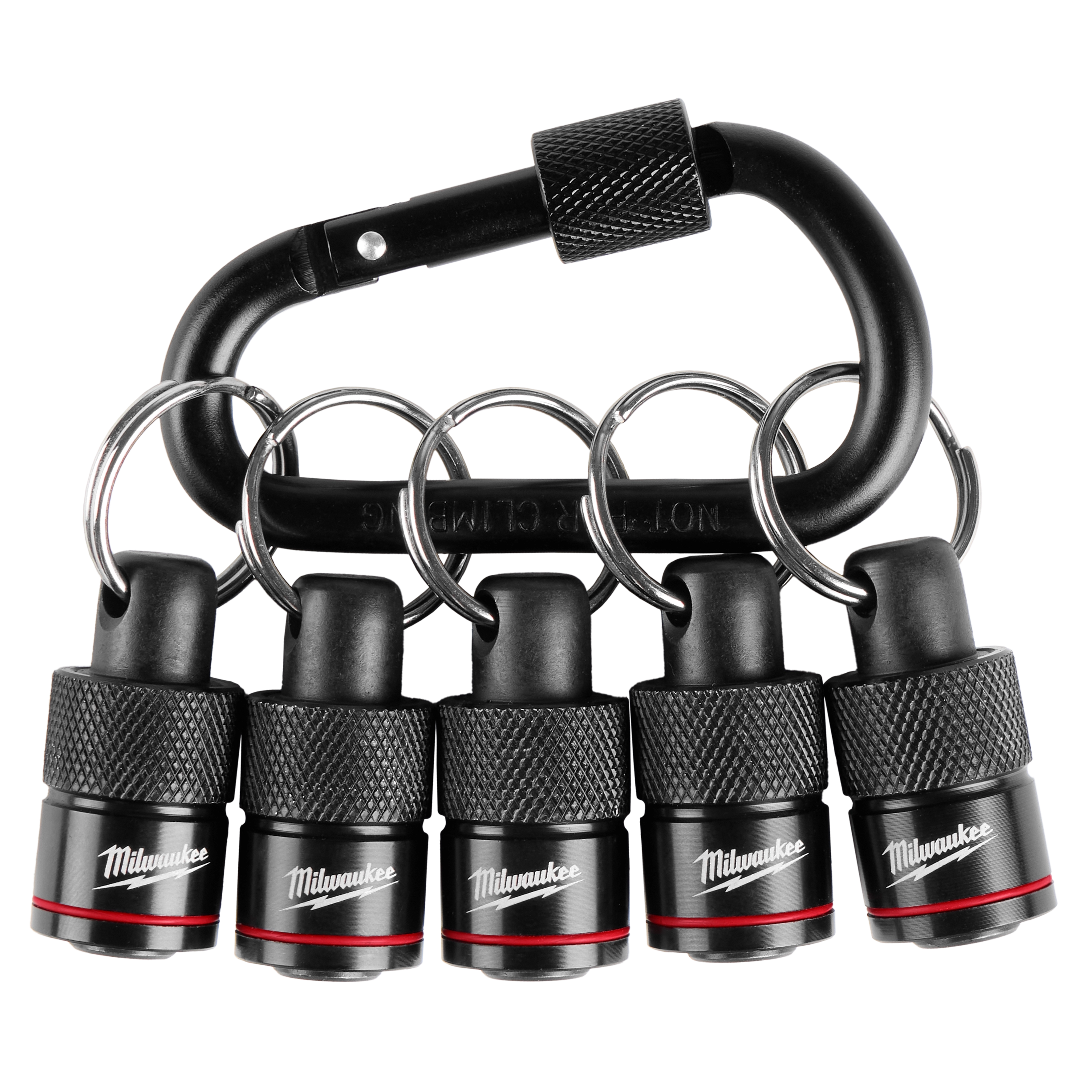 This image shows a set of five Milwaukee locking key holders attached to a black carabiner. Each key holder has a black, textured grip with the Milwaukee logo and a red accent near the bottom.