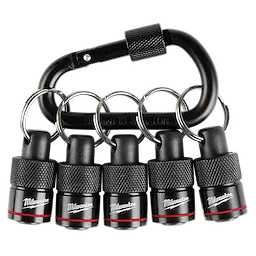 This image shows a set of five Milwaukee locking key holders attached to a black carabiner. Each key holder has a black, textured grip with the Milwaukee logo and a red accent near the bottom.