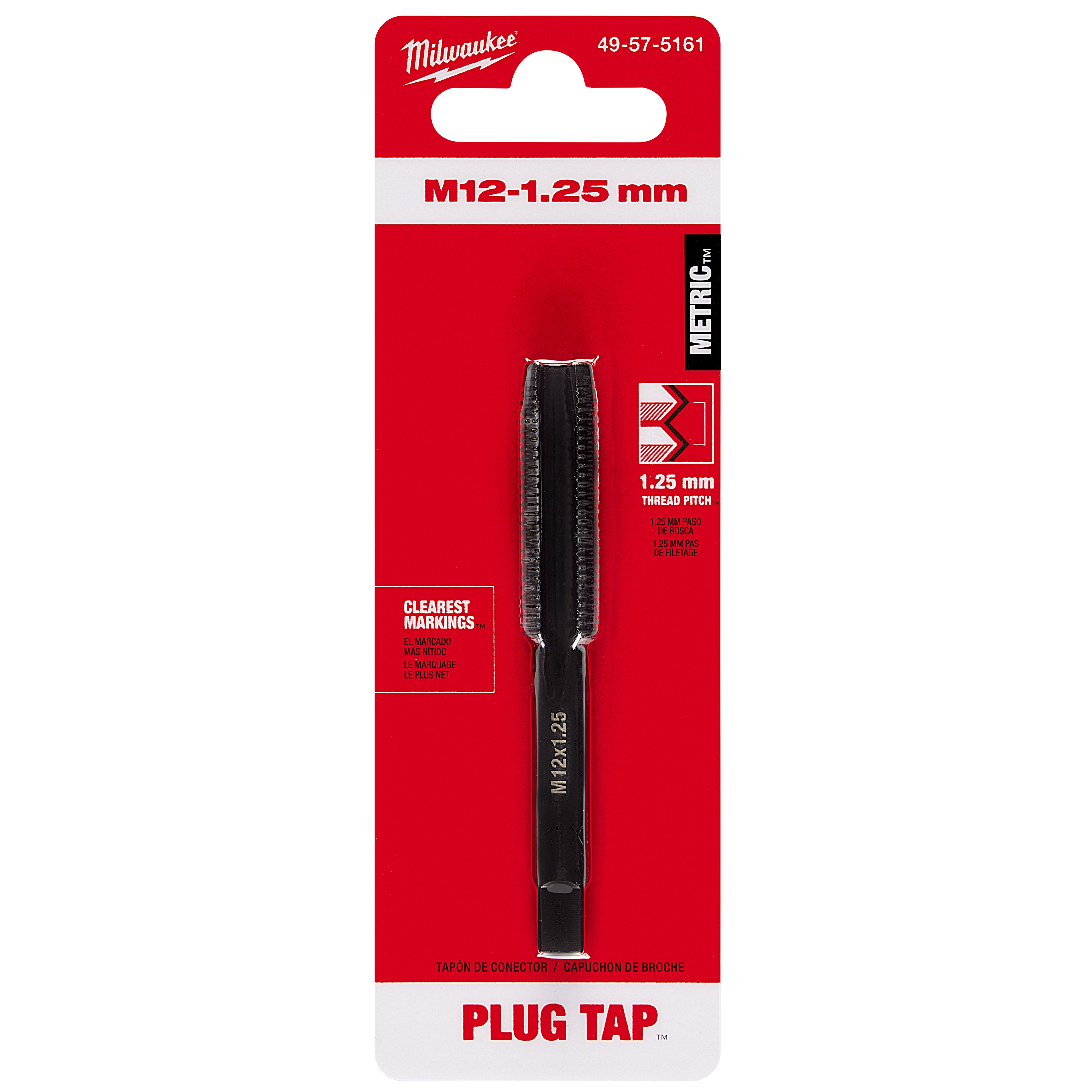 M12-1.25 mm Straight Flute Plug Tap with metric thread pitch, black body with white markings, in red retail packaging.