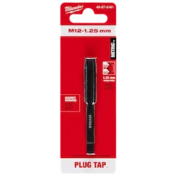 M12-1.25 mm Straight Flute Plug Tap with metric thread pitch, black body with white markings, in red retail packaging.