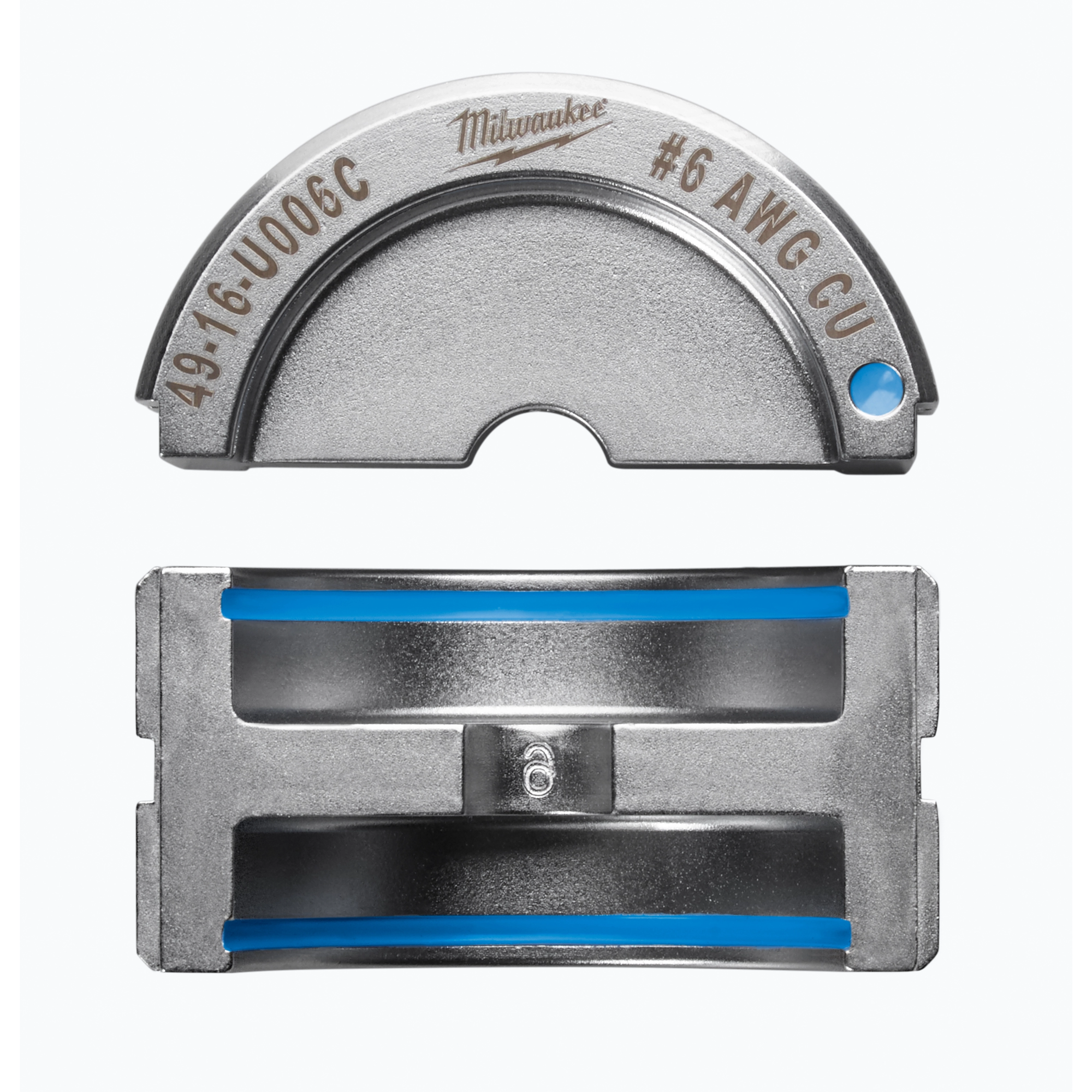 The #6 Copper U Style Die is a metallic tool component with a semi-circular shape and embossed text indicating its specifications. It has a smooth, polished surface with blue accents and is designed for precision in electrical or mechanical applications.