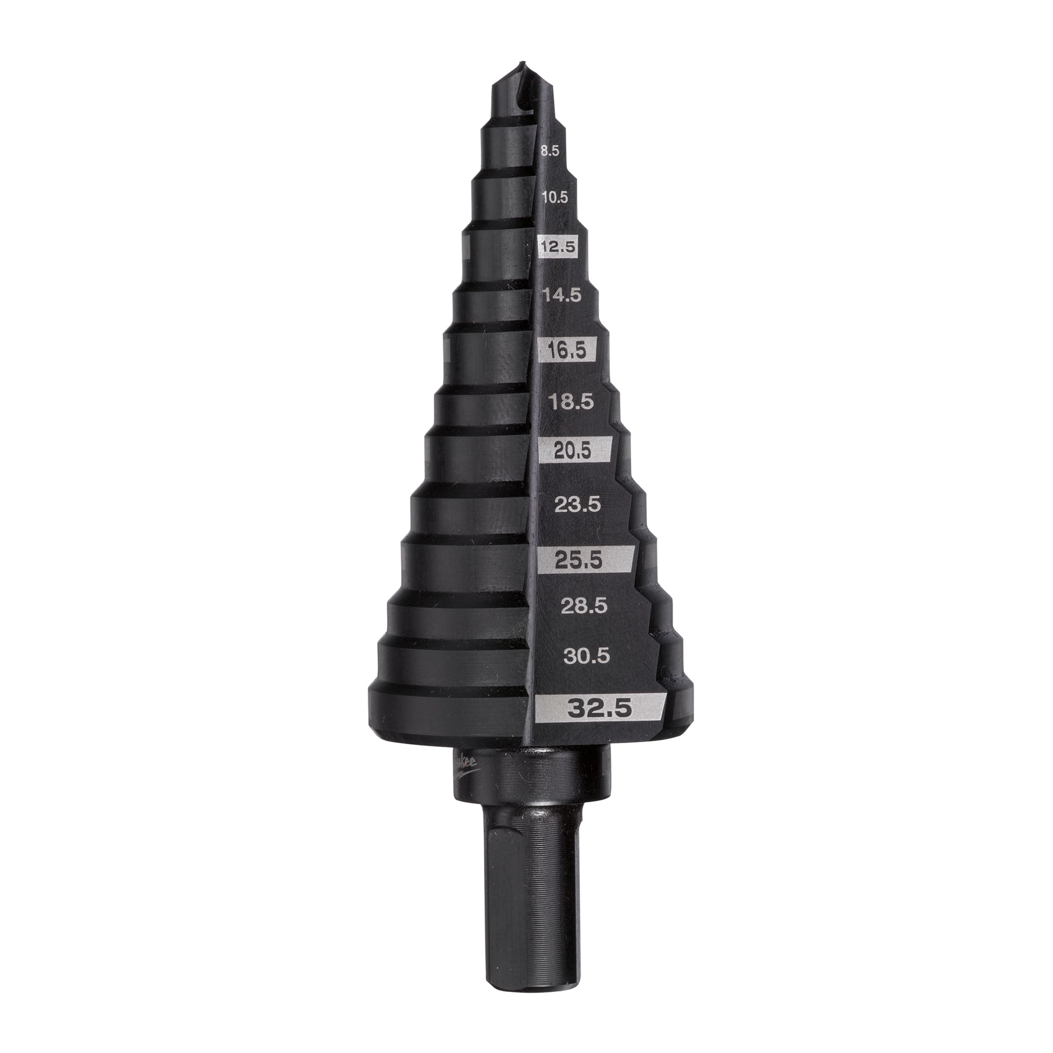 Step Drill Bits Metric M6-M32 (32.5MM) features a cone-shaped design with gradually increasing diameters, ranging from 8.5mm to 32.5mm. Each step is labeled with measurements for easy identification, allowing for precise drilling of various hole sizes in metal and other materials.