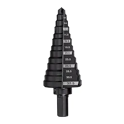 Step Drill Bits Metric M6-M32 (32.5MM) features a cone-shaped design with gradually increasing diameters, ranging from 8.5mm to 32.5mm. Each step is labeled with measurements for easy identification, allowing for precise drilling of various hole sizes in metal and other materials.