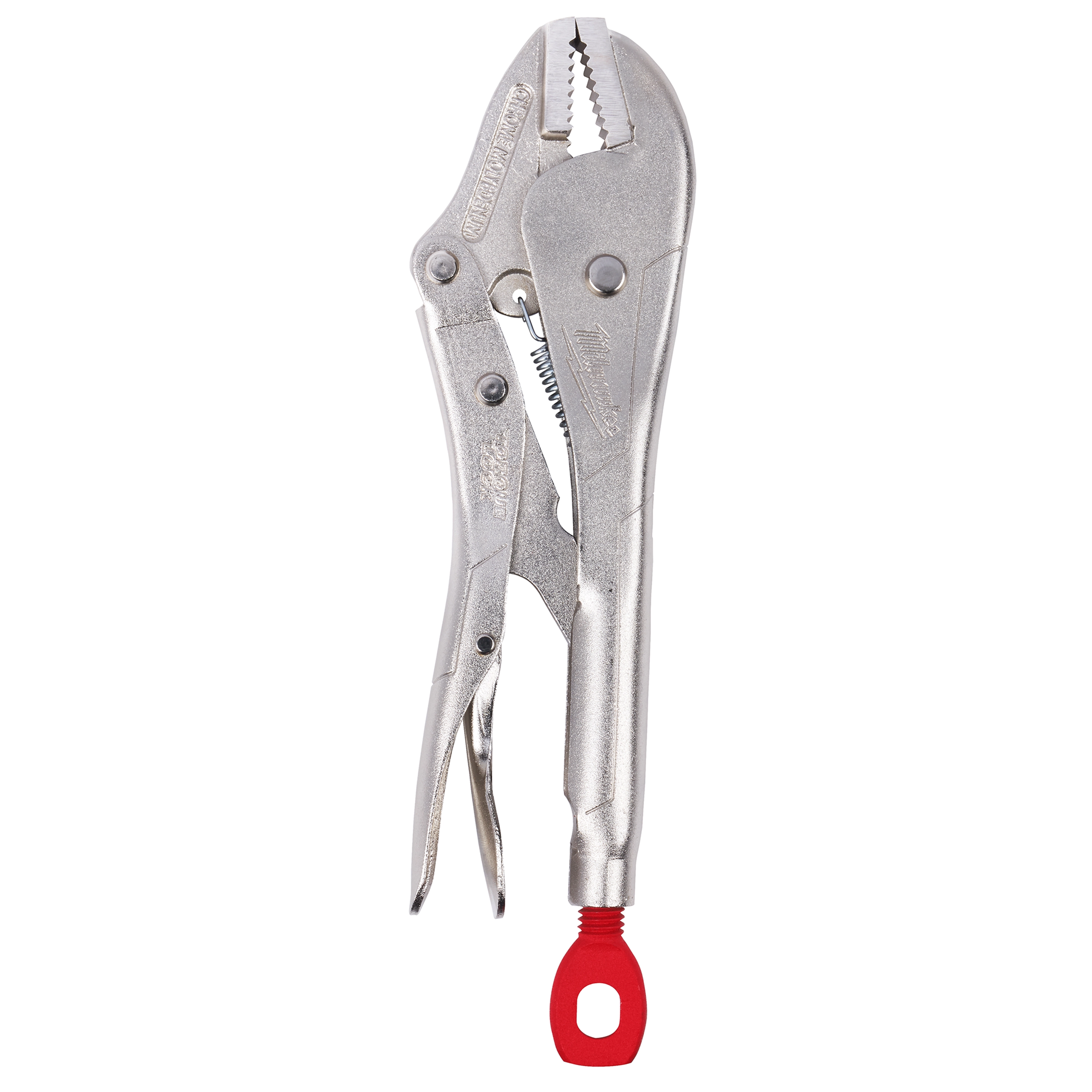10” TORQUE LOCK™ Straight Jaw Locking Pliers feature a metallic body with an adjusting screw and a red loop handle. The tool has serrated jaws for a firm grip and includes a spring mechanism for quick release.