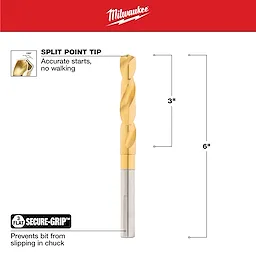 Milwaukee 9/16 in. Titanium Silver and Deming Drill Bit with a split point tip for accurate starts and a Secure-Grip feature to prevent slipping in the chuck. The drill bit measures six inches in total length, with a three-inch bit section.
