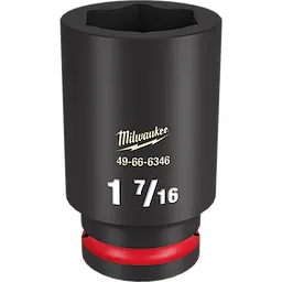The 3/4 DR 1-7/16 Deep Impact Socket is a black cylindrical tool with "1 7/16" and "Milwaukee" printed on it. It features a red ring near the base.