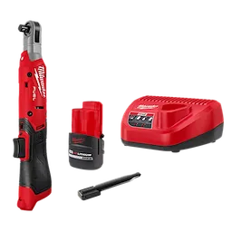 Milwaukee M12 FUEL™ 3/8" Ratchet Kit includes a red cordless ratchet tool, rechargeable red lithium battery, battery charger, and a black extension bar. The tool is designed for fastening tasks with a compact and ergonomic build. All components feature the Milwaukee logo.