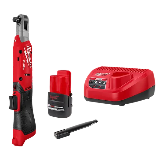 Milwaukee M12 FUEL™ 3/8" Ratchet Kit includes a red cordless ratchet tool, rechargeable red lithium battery, battery charger, and a black extension bar. The tool is designed for fastening tasks with a compact and ergonomic build. All components feature the Milwaukee logo.