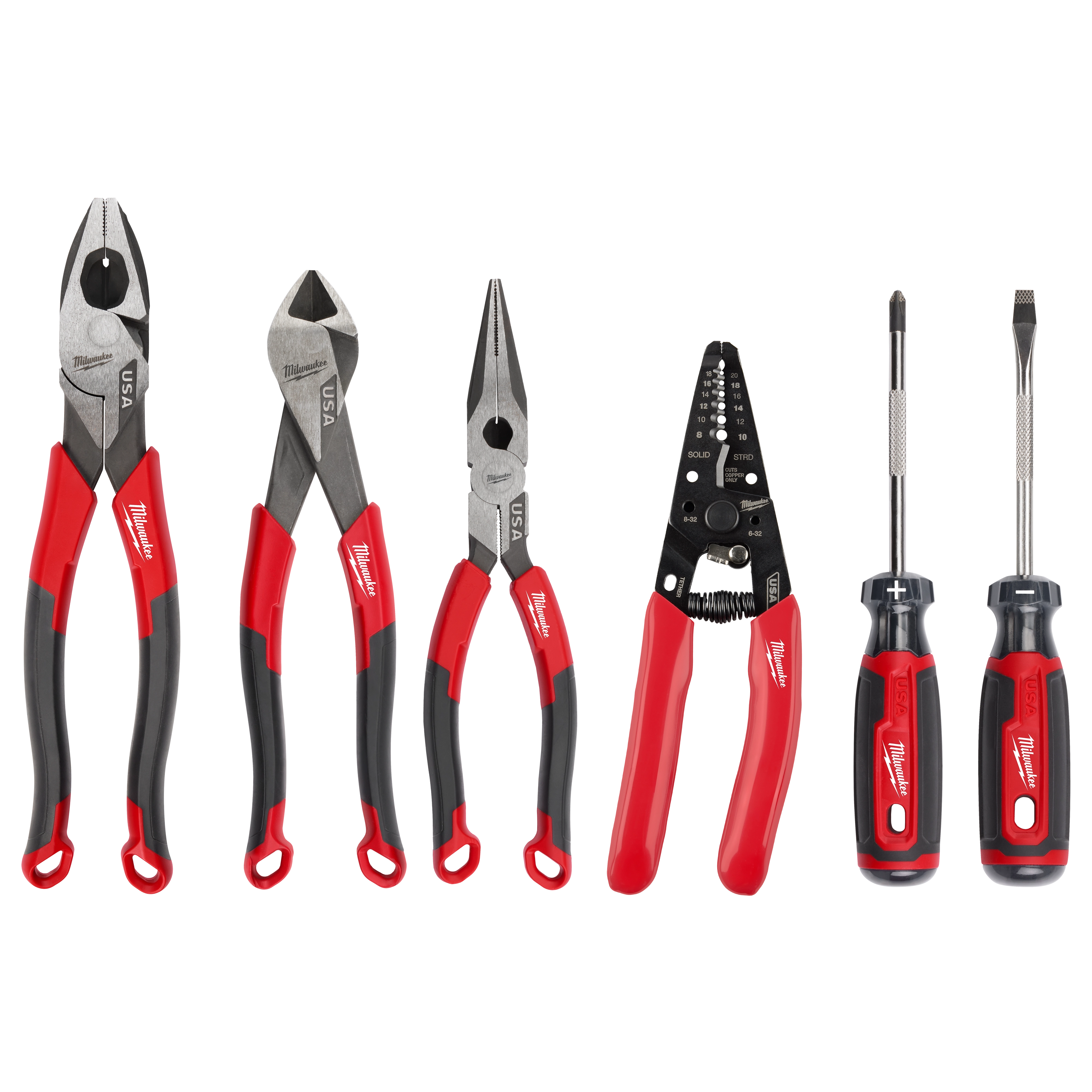 6 PC. Comfort Grip Cutting Pliers, Wire Stripper, and Cushion Grip Screwdrivers Set (USA) includes four pliers and two screwdrivers.