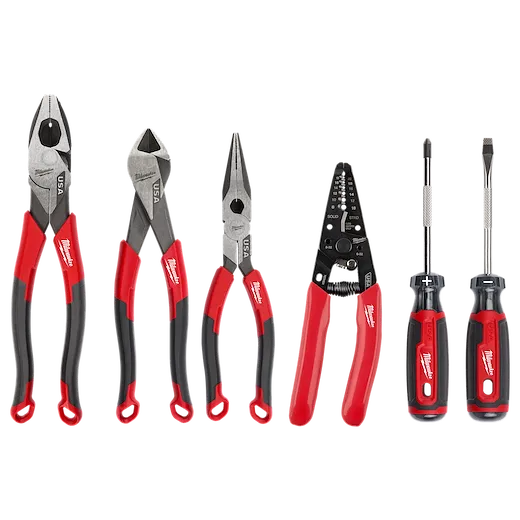 6 PC. Comfort Grip Cutting Pliers, Wire Stripper, and Cushion Grip Screwdrivers Set (USA) includes four pliers and two screwdrivers.