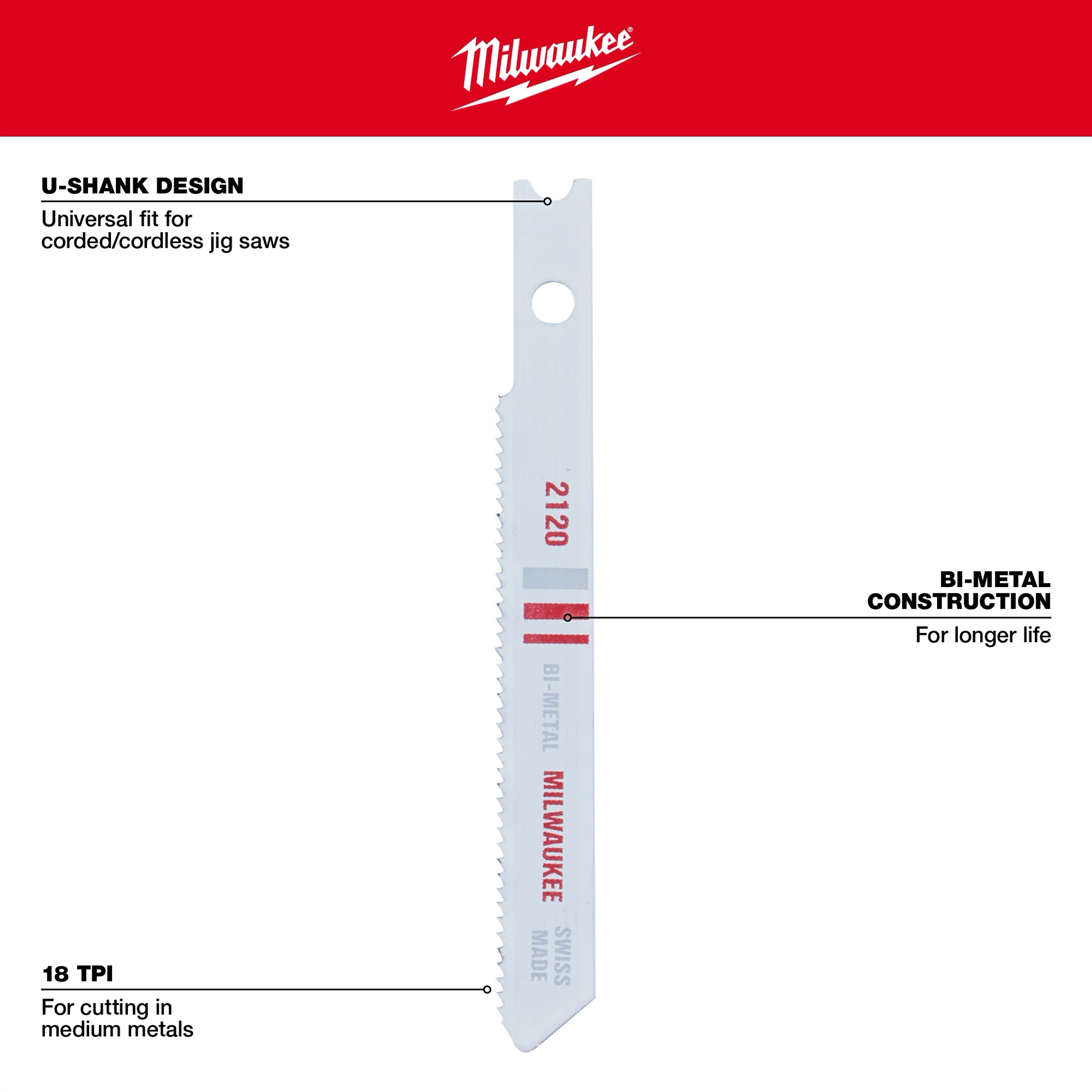 2-3/4” 18 TPI U-Shank Metal Cutting Bi-Metal Jig Saw Blade, 5PK, features universal fit, durable bi-metal construction, and medium metal cutting teeth.