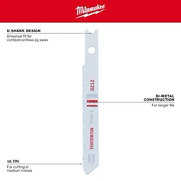 2-3/4” 18 TPI U-Shank Metal Cutting Bi-Metal Jig Saw Blade, 5PK, features universal fit, durable bi-metal construction, and medium metal cutting teeth.