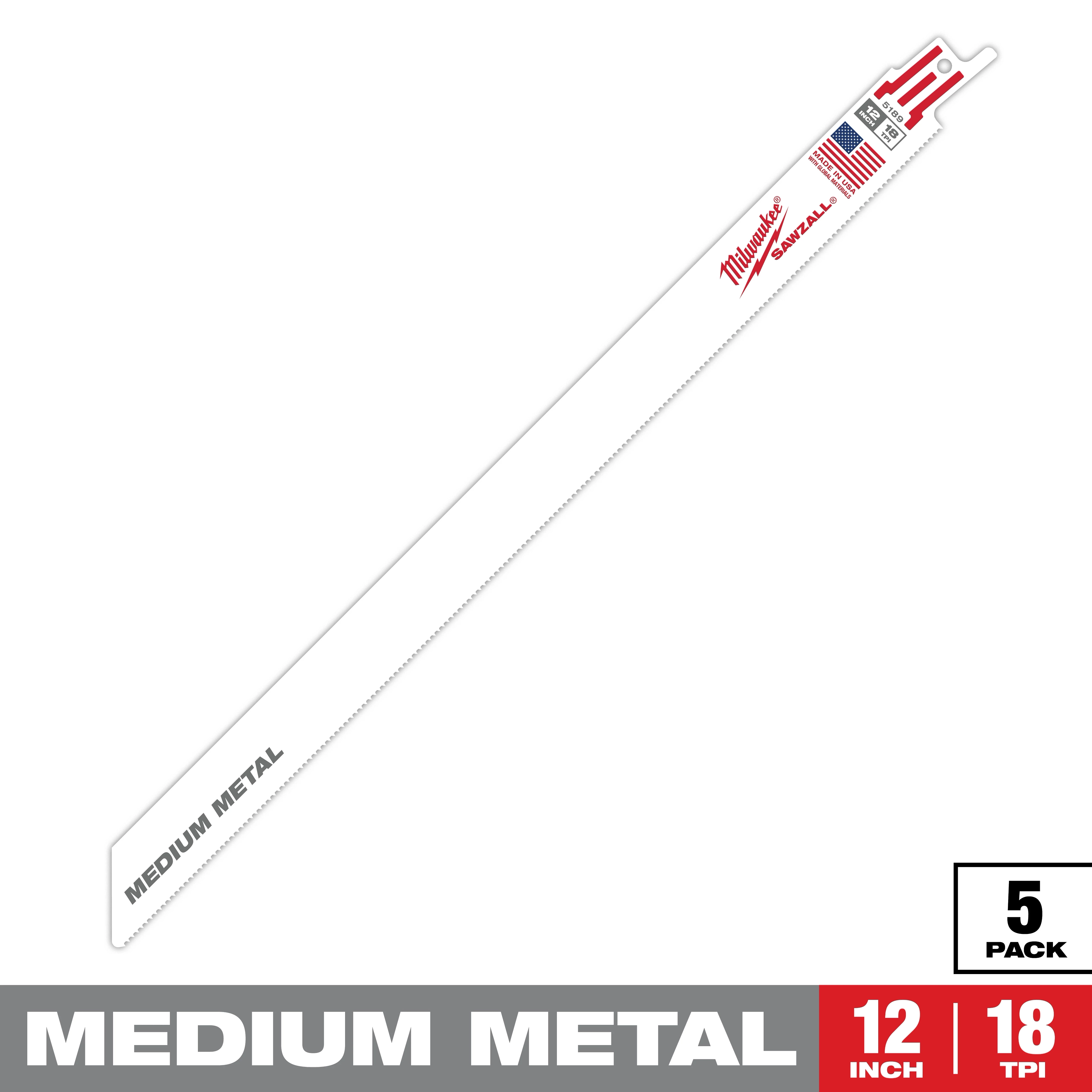 The Milwaukee Sawzall blade is designed for medium metal cutting. It measures 12 inches long with 18 teeth per inch (TPI). The blade is sold in a pack of five, as indicated in the bottom right corner of the image. Made in the USA.
