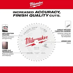 48-40-0627 Fine Finish Track Saw Blade with cobalt-infused tungsten carbide, anti-friction coating, laser cut technology, and 20mm arbor size.