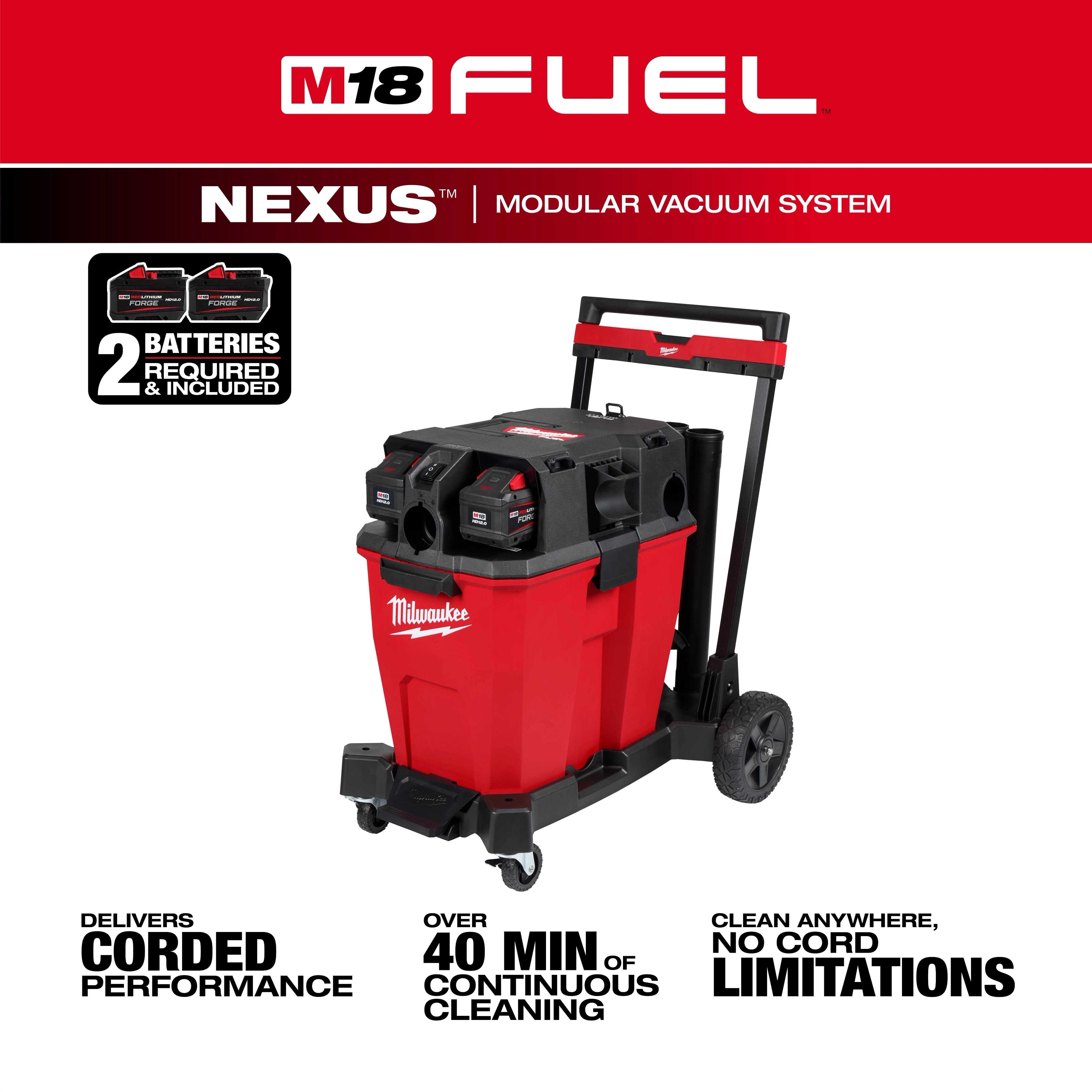 The M18 FUEL NEXUS 12 Gallon Dual-Battery Wet/Dry Vacuum Kit features a modular vacuum system in a red and black design. It includes two batteries, offers over 40 minutes of continuous cleaning, and operates without cord limitations for enhanced mobility and cleaning versatility.