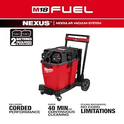 The M18 FUEL NEXUS 12 Gallon Dual-Battery Wet/Dry Vacuum Kit features a modular vacuum system in a red and black design. It includes two batteries, offers over 40 minutes of continuous cleaning, and operates without cord limitations for enhanced mobility and cleaning versatility.