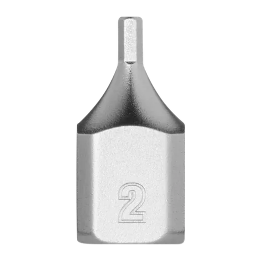 A 1/4" Drive 2mm Low-Profile Hex Bit Socket with a metallic finish. The bit has a hexagonal tip and the number "2" engraved on its lower half.