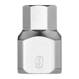 1/4" Drive 9mm Low-Profile Hex Bit Socket in polished chrome. The hex bit has a compact design with the number "9" engraved on its side, indicating the size. The top part is hexagonal, designed for socket wrench compatibility.