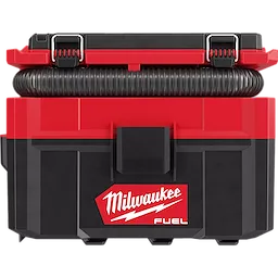 Milwaukee M18 FUEL PACKOUT 2.5 Gallon Wet/Dry Vacuum with black and red body, secure latches, and integrated hose storage.