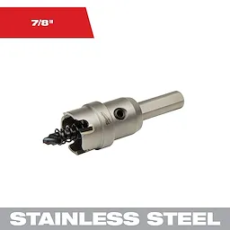 The 7/8 in. Carbide Hole Cutter (1-Pack) features a metal drill bit designed for cutting through stainless steel. The image also shows the red 7/8" label and a "Stainless Steel" text banner at the bottom.