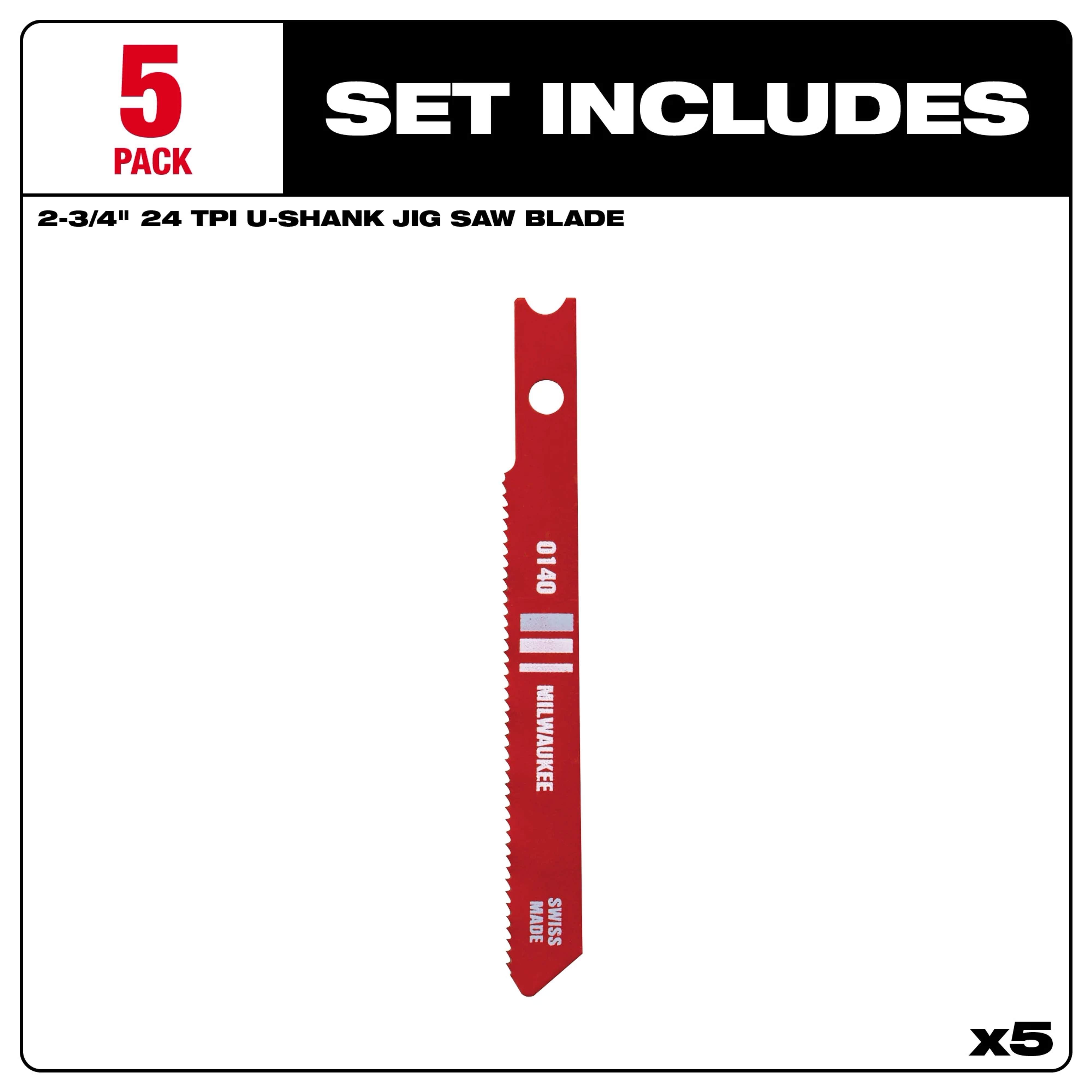 2-3/4" 24TPI U-Shank Metal High Speed Steel Jig Saw Blades, 5-pack, for precise and efficient metal cutting.