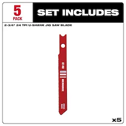 2-3/4" 24TPI U-Shank Metal High Speed Steel Jig Saw Blades, 5-pack, for precise and efficient metal cutting.