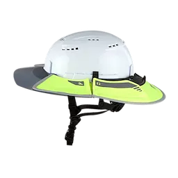 BOLT Sun Visor attached to a white safety helmet with ventilation holes. The visor is neon green with a gray underside and features a chin strap for secure fitting.