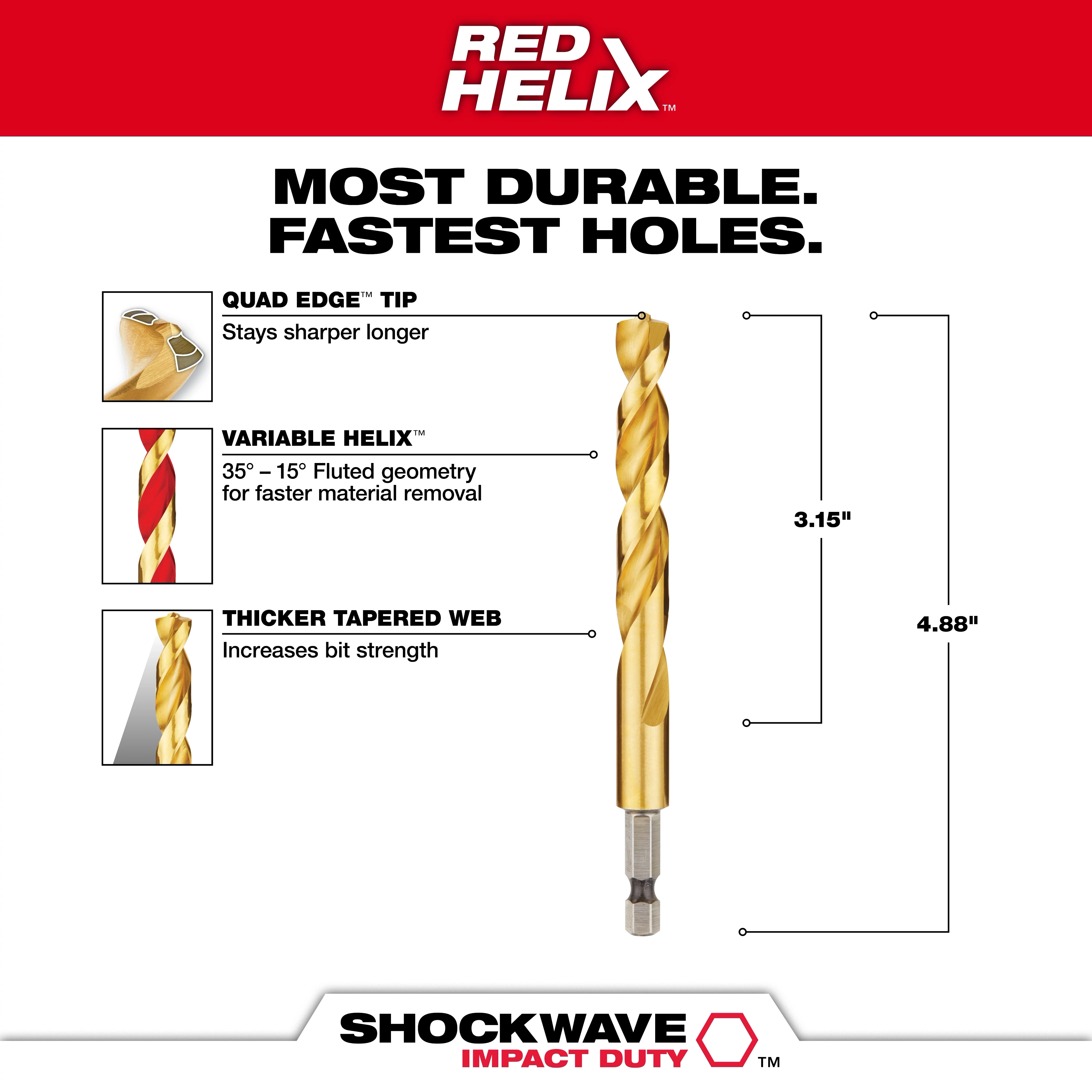 48-89-4624 Walkaround Red Helix drill bit featuring Quad Edge tip, Variable Helix for fast material removal, and Thicker Tapered Web.