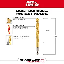 48-89-4624 Walkaround Red Helix drill bit featuring Quad Edge tip, Variable Helix for fast material removal, and Thicker Tapered Web.