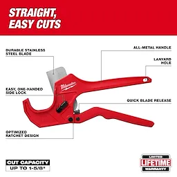 1-5/8" Ratcheting Pipe Cutter with durable stainless steel blade, all-metal handle, lanyard hole, and quick blade release.