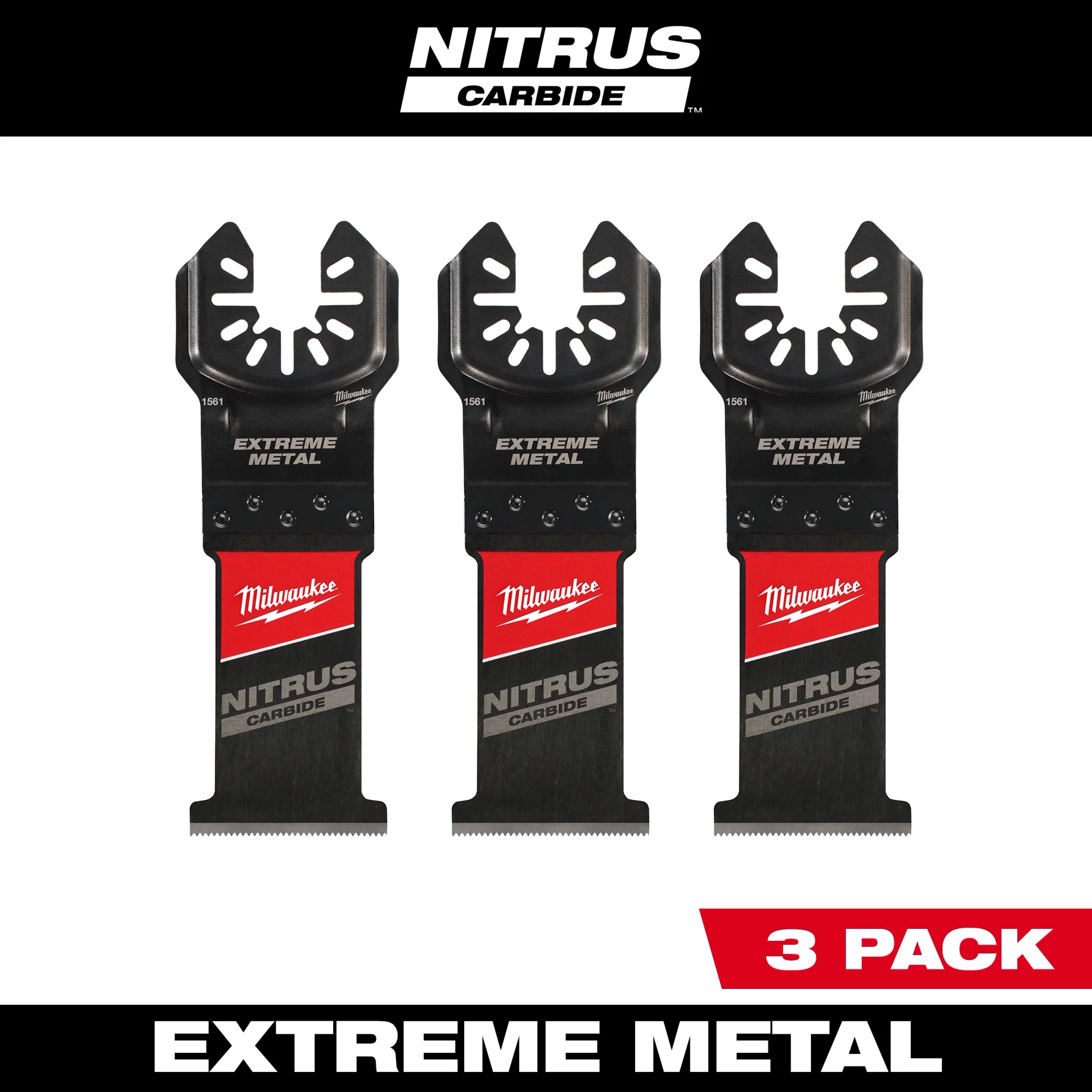Three NITRUS Carbide Extreme Metal Universal Fit OPEN-LOK Multi-Tool Blades are displayed, labeled "Extreme Metal" and "3 Pack.”