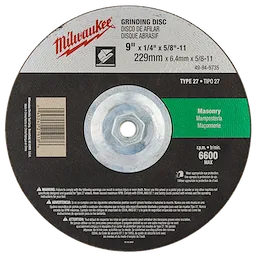 Grinding Wheel (Type 27) for masonry, 9-inch diameter, 1/4-inch thickness, with a 5/8-11 arbor, maximum RPM of 6600, 229mm size.