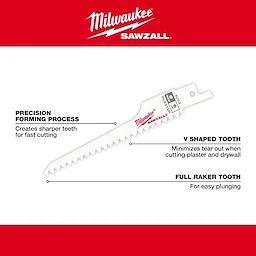 The Plaster%20blade%20Walkaround is a Milwaukee Sawzall blade designed for cutting plaster and drywall. It features a V-shaped tooth to minimize tear-out and full raker teeth for easy plunging. The precision forming process creates sharper teeth for faster cutting.