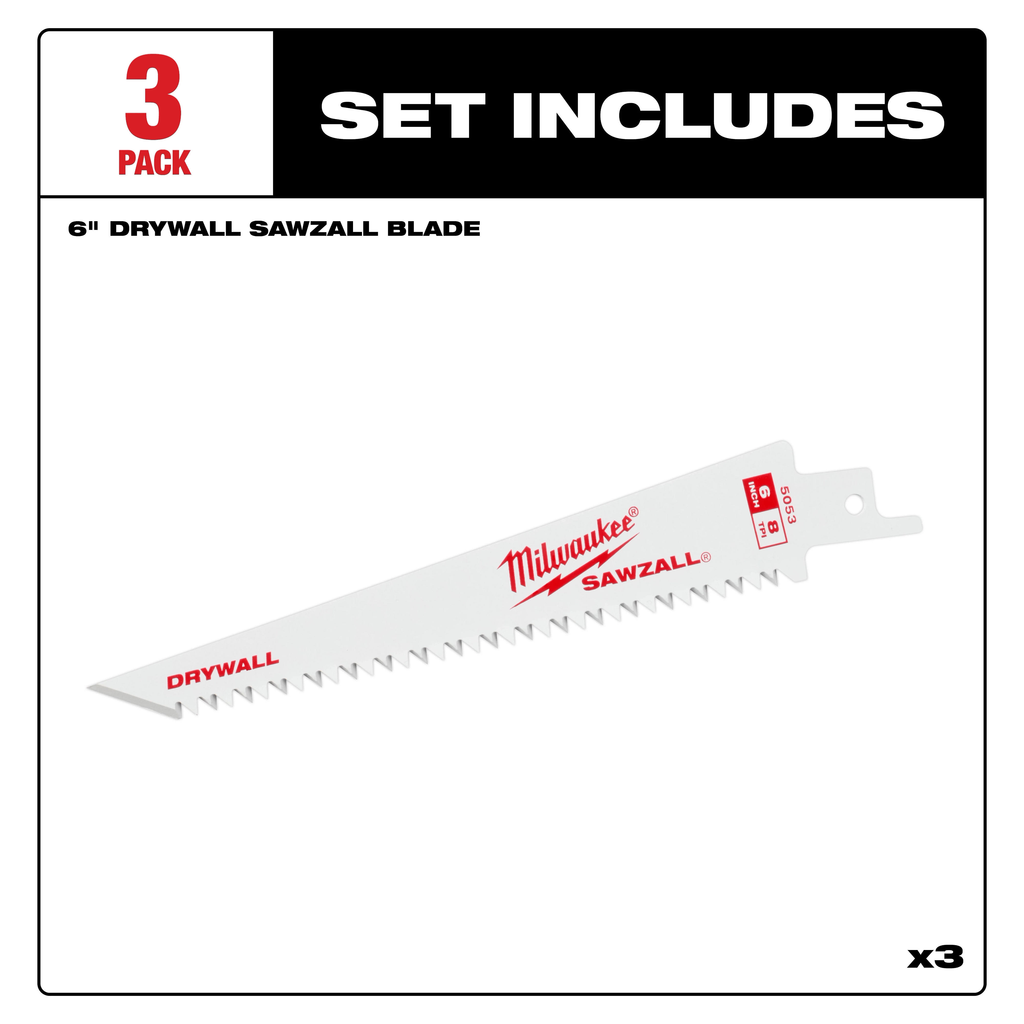 6" Drywall Sawzall Blade 3PK, shown with a saw blade featuring sharp teeth, labeled for cutting drywall, in a bundle of three.