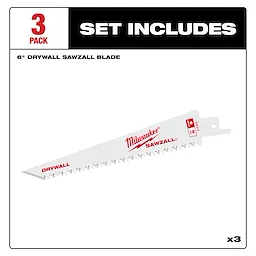 6" Drywall Sawzall Blade 3PK, shown with a saw blade featuring sharp teeth, labeled for cutting drywall, in a bundle of three.