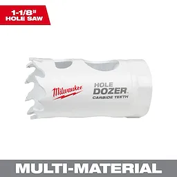 1-1/8" HOLE DOZER with Carbide Teeth Hole Saw is shown with a white cylindrical design and serrated edge for cutting.